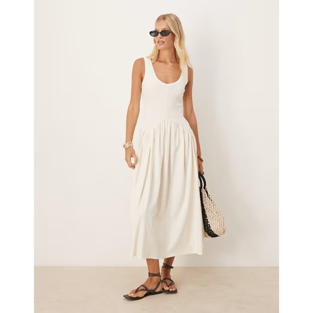 ASOS DESIGN Cream Ribbed Scoop Neck Dropped Waist Midi Dress US 4